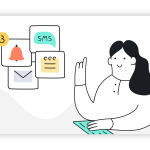 ilustração com mulher e notas de email e sms a representar lembrete de agendamento
