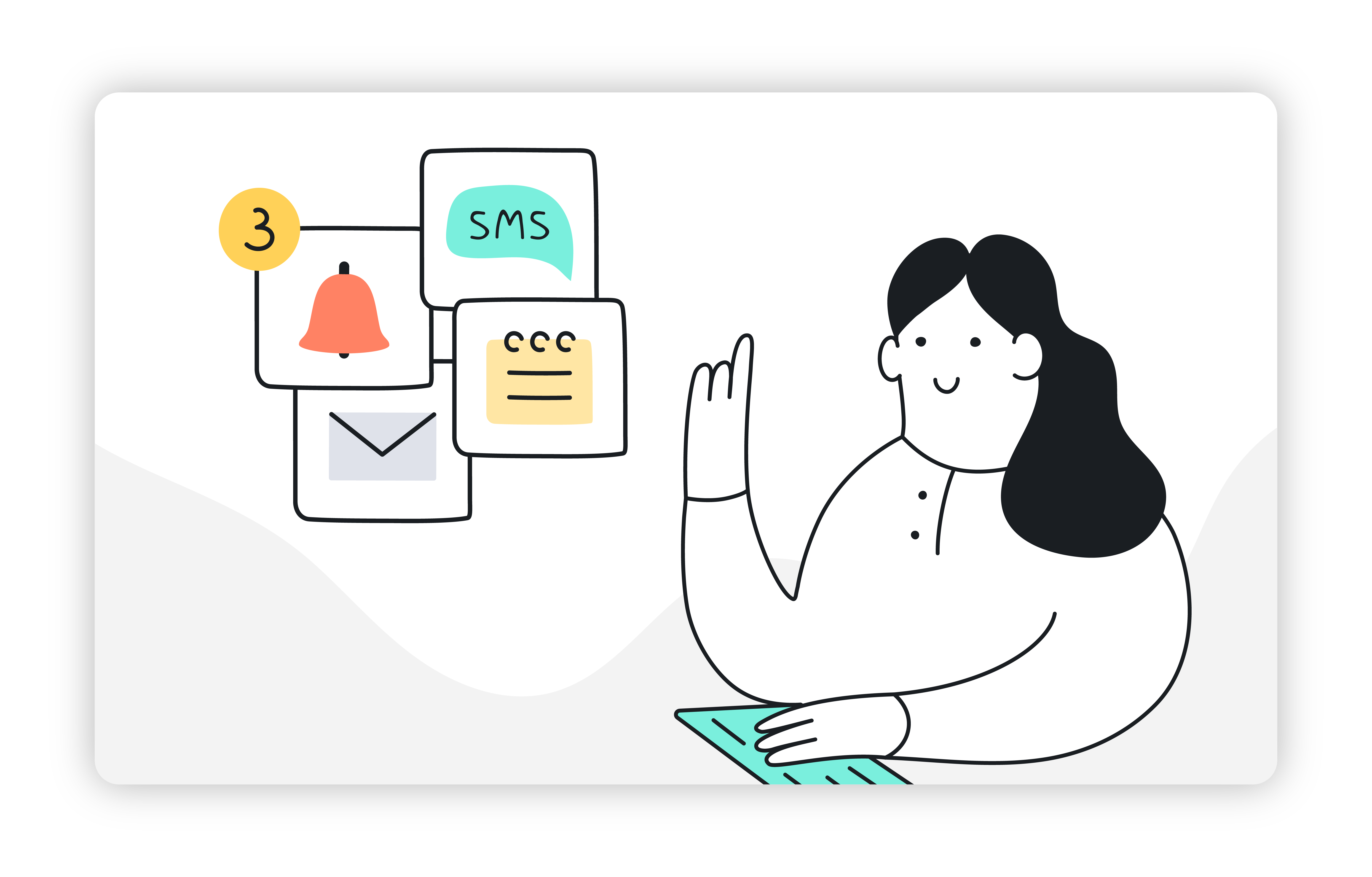 ilustração com mulher e notas de email e sms a representar lembrete de agendamento